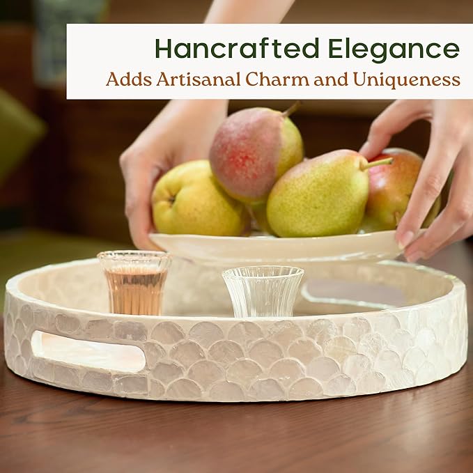 12.6 Inch Capiz Round Decorative Tray, Mother of Pearl Serving Tray with Handles for Coffee Table, Kitchen Counter, Bathroom Vanity or Dining Table Centerpiece Tray, Modern Farmhouse Decor