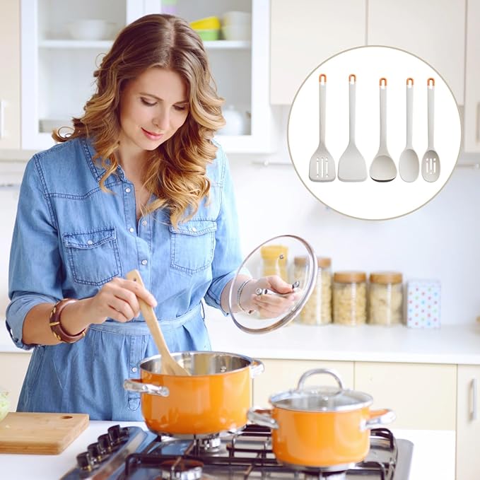 5 Pcs Gray Silicone Cooking Utensils Set, High Heat Resistant Kitchen Utensil Set, Non-Stick Cookware Safe, BPA-Free, Ergonomic Grip Design for Everyday Culinary Needs