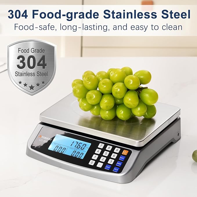 Atogou 110lb Food Scale, Commercial Kitchen Scale with Price Computing, Plug-in Usable, 0.05oz/1g, 304 Stainless Steel, for Cooking, Vegetables, Farm, Industry, Counting. LC300 Grey