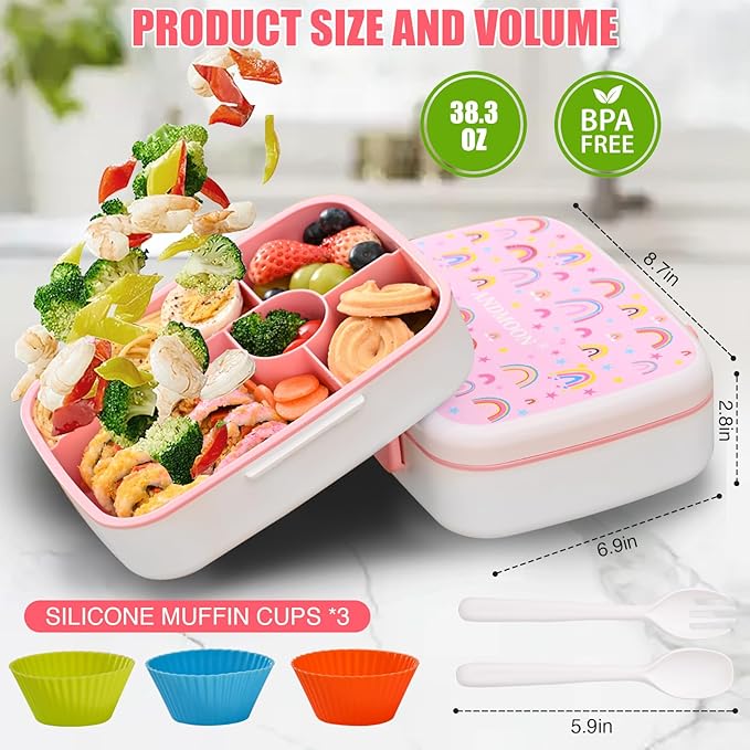 Bento Box for Kids Lunch Box Leak-Proof, Bento Lunch Box with 5 Compartments, Lunch Containers with 3 Silicone Baking Cups, Microwave/Dishwasher Safe (43OZ) (Pink with snack cup)