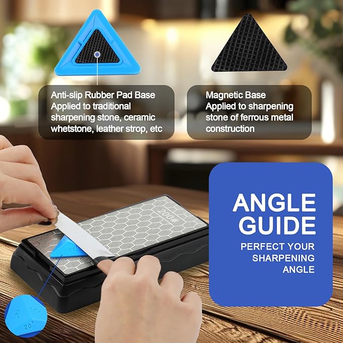 Double-sided Diamond Sharpening Stone,Knife Sharpening Stone with Extra Fine 600/Coarse 200 Grit Diamond Plate, Storage Case with Non-Slip Base & Angle Guide(7 x 3.5 Inch)