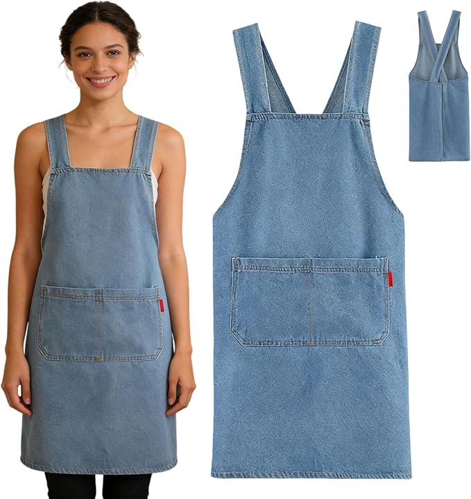 2026 New Adult Jour Apron - Lightweight Cotton Apron with Front Pocket, Cross-Back Jean Kitchen Aprons for Women Men