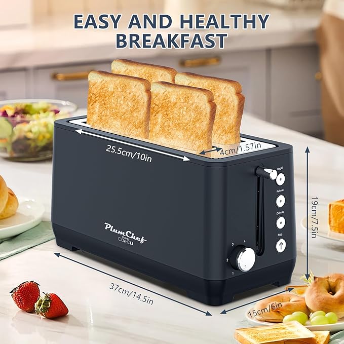 4-Slice Toaster, Extra Wide Long Slot Toaster with Warming Rack, 6 Browning Settings, Bagel/Defrost/Reheat Functions, Removable Crumb Tray, Stainless Steel Housing,Black