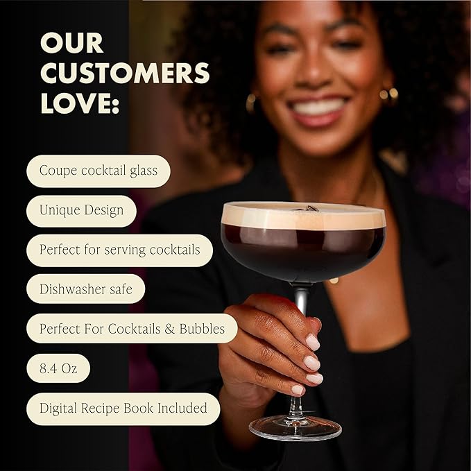 VEMACITY - Elegant Espresso Martini Glasses Set of 4 (10oz) - Classic Coupe Glasses for Martinis, Champagne, Margaritas | Handblown Crystal Cocktail Glassware | Ideal for Christmas & New Years