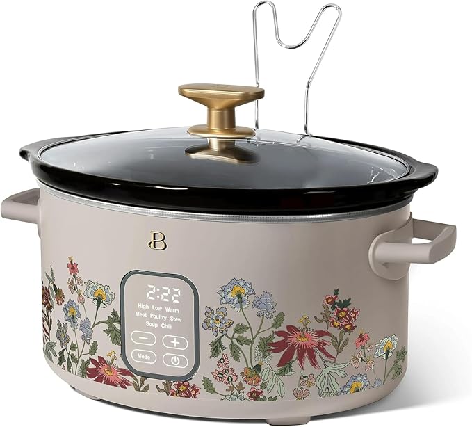 Beautiful 6 Qt Programmable Slow Cooker by Drew Barrymore - 5 Preset Cooking Functions, Digital Countdown Timer, Dishwasher-Safe Parts, and Cool-Touch Handles (Wildflower Porcini Taupe)