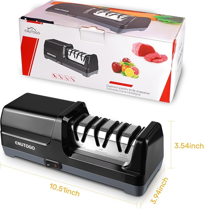 Knife Sharpener, 3-Stage Electric Knife Sharpener for Kitchen Knives, 100% Diamond Abrasive with Quick Sharpening & Polishing, Professional Sharpening Tool with Metal Dust Collection Box