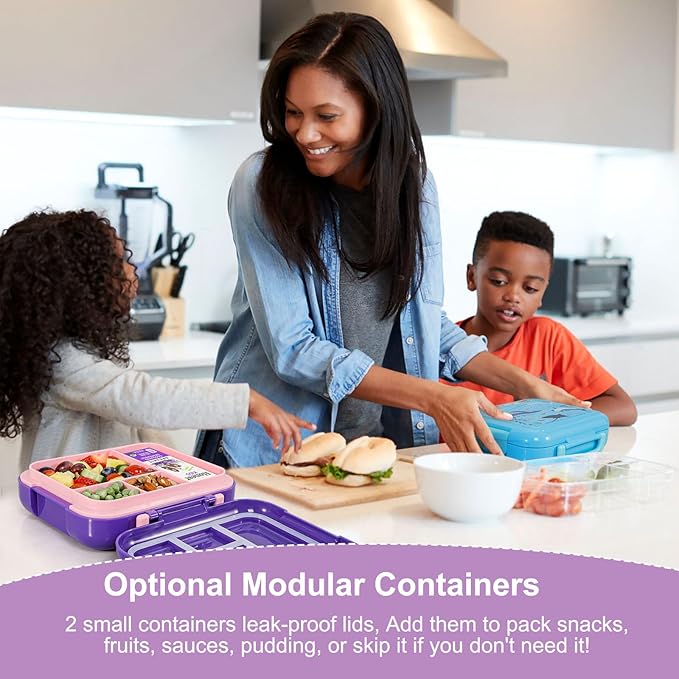 Caperci Bento Box for Kids - Leak-Proof Lunch Box Snack Container with 2 Modular Containers & 4 Compartments, Hold 4.8 Cups, Portable Handle, BPA-Free, Microwave/Dishwasher Safe (Unicorn)