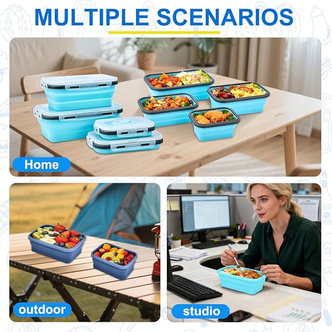 4 Set Collapsible Food Storage Containers Silicone Lunch Container with Lids Collapsible Lunch Box Food for Camper Leftovers Snacks Meals Dorm Kitchen Microwave Dishwasher and Freezer Navy Blue