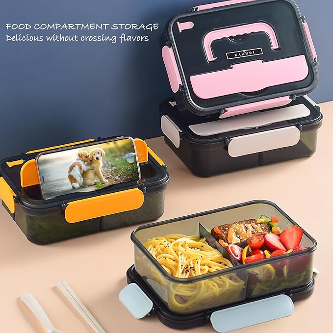 Bento Box Adult Lunch Box, Lunchable Containers with 3 Compartments, Meal Prep Food Container for Women, Lunch Box with Utensils, Snack/Salad/Sandwich Box, Microwave/Dishwasher Safe/BPA Free(Pink)