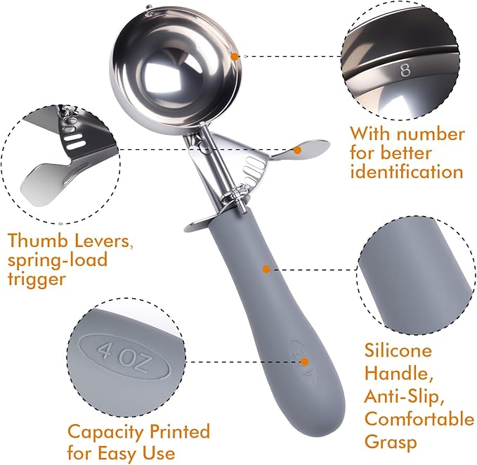 4 OZ Scoop, #8 Disher, Large Ice Cream Scoop with Trigger, Muffin Scoop, Large Cookie Scoops for Baking, Grey Handle, With Trigger for Portion Control