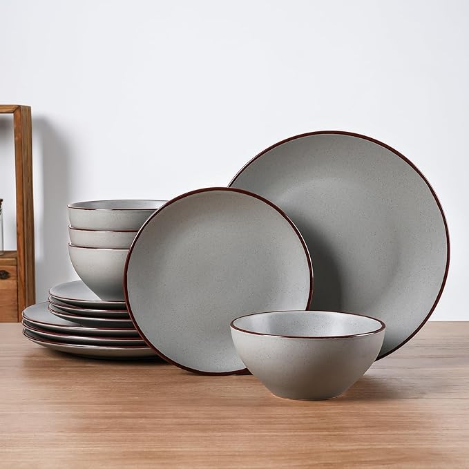 Famiware Venus Plates and Bowls Sets, 12 Pieces Stoneware Speckled Dinnerware Sets, Dishes Set for 4, Microwave and Dishwasher Safe, Matte Dark Grey