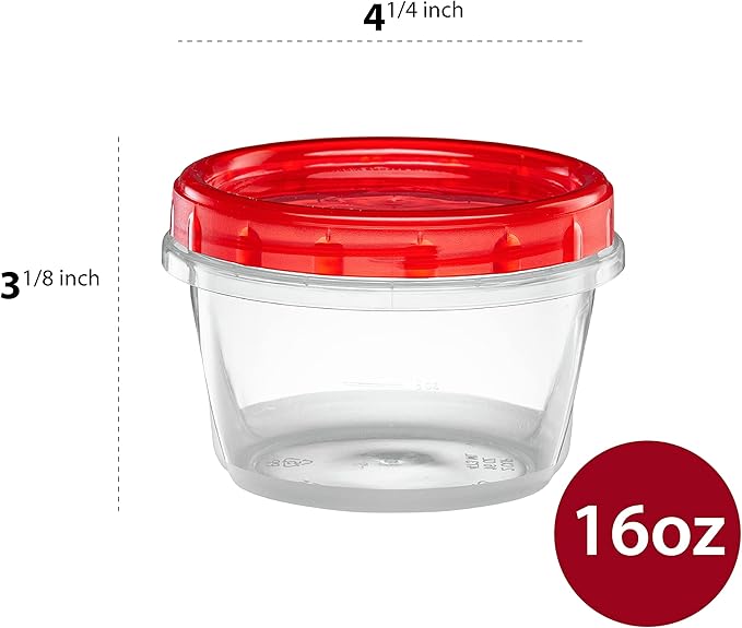 (16 Ounce 10 Pack) Twist cap Containers Clear Bottom With Red Top Screw on Lids Twist Top Food Storage Freezer Containers