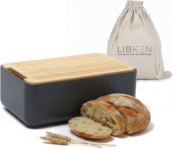 Bread Box – Extra Thick Steel Bread Bin with Bamboo Cutting Board Lid & Drawstring Bread Bag - Modern Scandinavian Metal Box for Kitchen Countertop, Sourdough & Homemade Bread - Black
