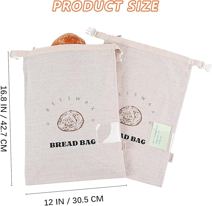 ORORIN Beeswax Bread Bags for Sourdough,Reusable Linen Waxed Sourdough Bread Bags for Homemade Bread,Bread Storage Container to Keep Fresh,Zipper Freezer Bags,Sourdough Accessories (2-Pack)