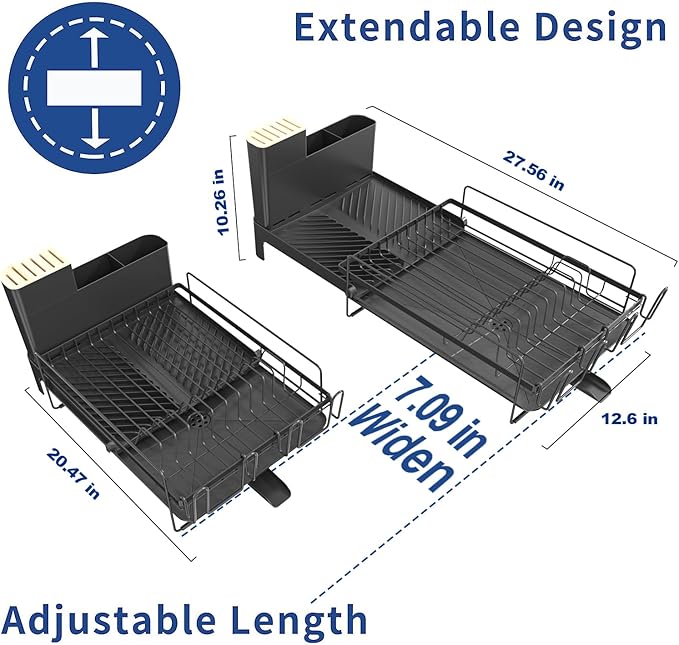 Runnatal Large Dish Drying Rack with Drainboard Set, Dish Rack, Extendable Dish Rack, Utensil Holder, Cup Holder, Expandable Dish Drainer for Kitchen Counter, 21.6"-30.3" L x 12.6" W