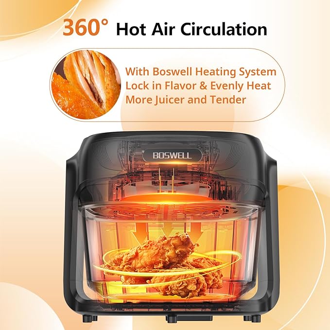 BOSWELL Glass Air Fryer, 7.5QT Borosilicate Bowl with Circulating Heat, Digital Touchscreen, 400°F Max Temp, Oil-Free Fryer with Mist Function, Dishwasher Safe (Black)