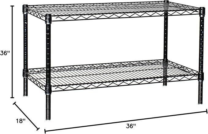 Omega 2 Tier Starter Shelving Unit, 18" Deep x 36" Wide x 36" High, Black, 2 Shelves, Heavy Duty, Adjustable, Tool-Free Assembly, Modern Style, Wire Mesh Shelving
