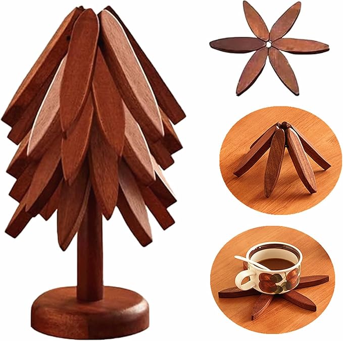 Wooden Trivets for Hot Dishes,Tree Shape Trivet Set,Placemat Solid Wood Table Mat for Hot Pots,Pans 5 Layers+1 Stand Heat Insulation Ornament Christmas Decorations DIY Xmas Gift