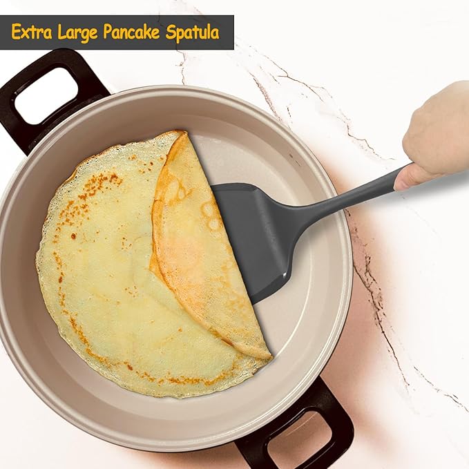 Silicone Pancake Spatula Turner with Lengthened Handle& Seamless Design, Heat Resistant Cooking Spatulas for Nonstick Cookware, Large Flexible Kitchen Utensils, Flipper for Egg, Pancake, Burger, Black