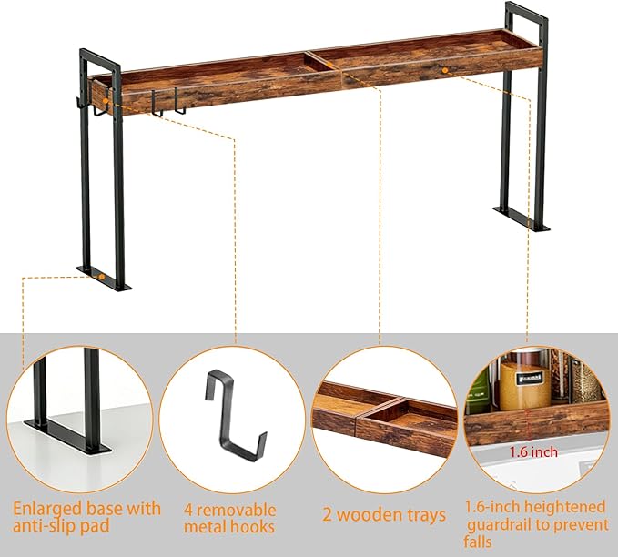 Spice Rack Shelf for Kitchen Stove, Over The Stove Shelf with 4 Level Adjustable Height, Over Stove Spice Rack with 4 Hooks, Black