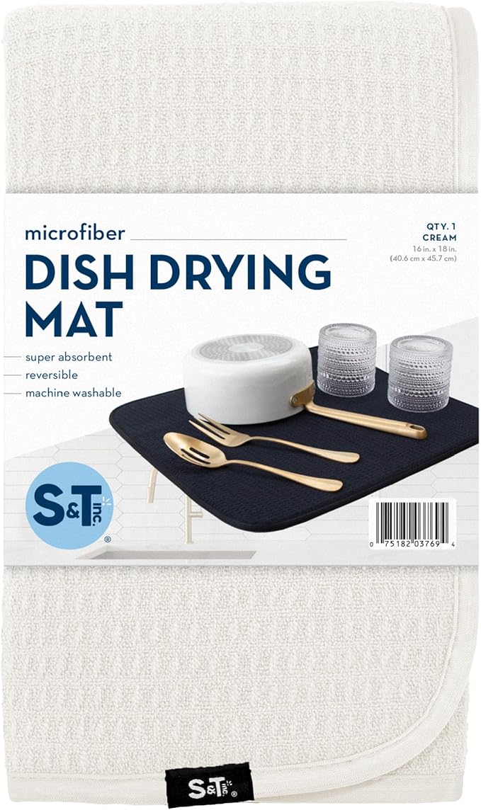 S&T INC. Dish Drying Mat, 16” x 18”, Absorbent Microfiber Kitchen Counter Mat, Dish Drying Pad for Dishes, Utensils, Pots and Pans, Large, Cream