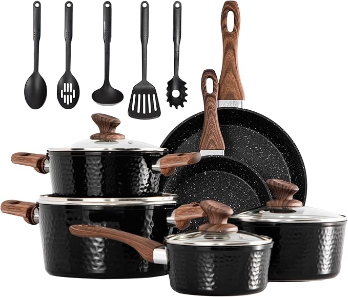 DishDelight 15 Piece Pots and Pans Set Non Stick, Induction Nonstick Kitchen Cookware Sets, Nonstick Induction Cookware with Frying Pans and Saucepan Set, Non-toxic Kitchen Cooking Set, Black