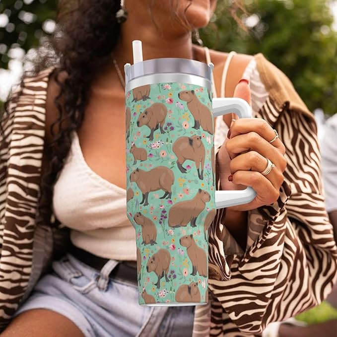 Capybara Gifts Capybara Tumbler Cute Cup Water Bottle for Girls, Teens, Women, Men Stainless Steel Vacuum Insulated 40oz Tumbler with Lid and Straw for Water, Iced Tea or Coffee, Green