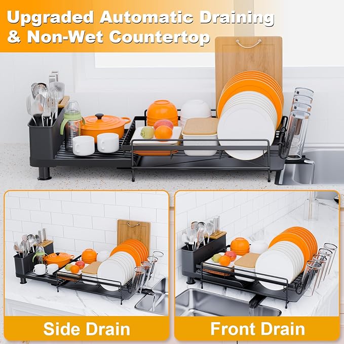Expandable Dish Drying Rack, Dish Drying Rack for Kitchen Counter with Removeable Cutlery Holder, Double Rustproof & Sturdy Auto-Drain Multifunctional Organizer for Plates, Cups, Knife Fork Storage