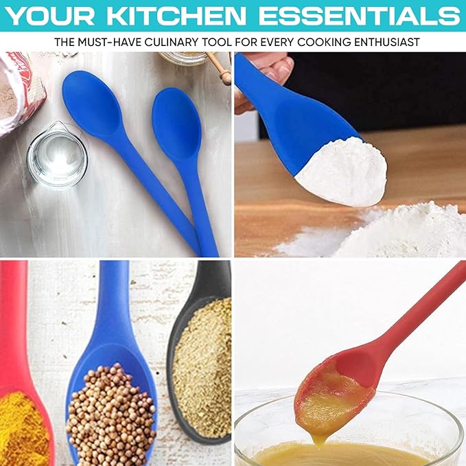HERLIG™ 4 Pieces Large Silicone Mixing Spoon 12 Inches Heat Resistant Basting Spoon Food Grade Utensil Spoon Non-Stick Spoon for Mixing, Baking, Serving and Stirring