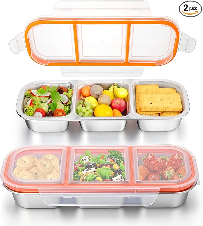 Palksky 2Pack Stainless Steel Snack Containers with Lids, 3 Compartment Reusable Snackle Box Container, Metal Food Storage Containers for School, Home, Travel