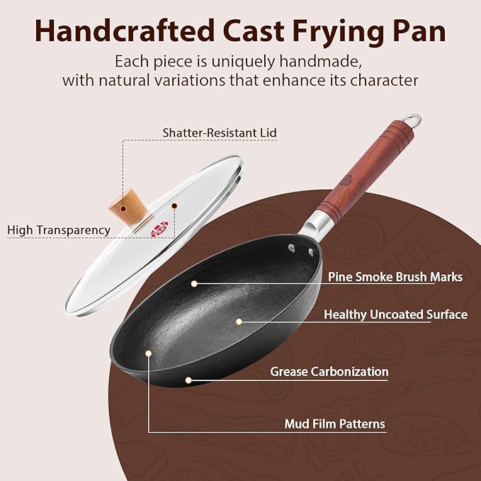 WANGYUANJI 11 Inch Cast Iron Skillet with Glass Lid, Deep Flat Bottom Frying Pan, Uncoated Naturally Nonstick Pan for Steak, Eggs & Stir-Fry, Compatible with Gas, Electric & Induction Cooktops