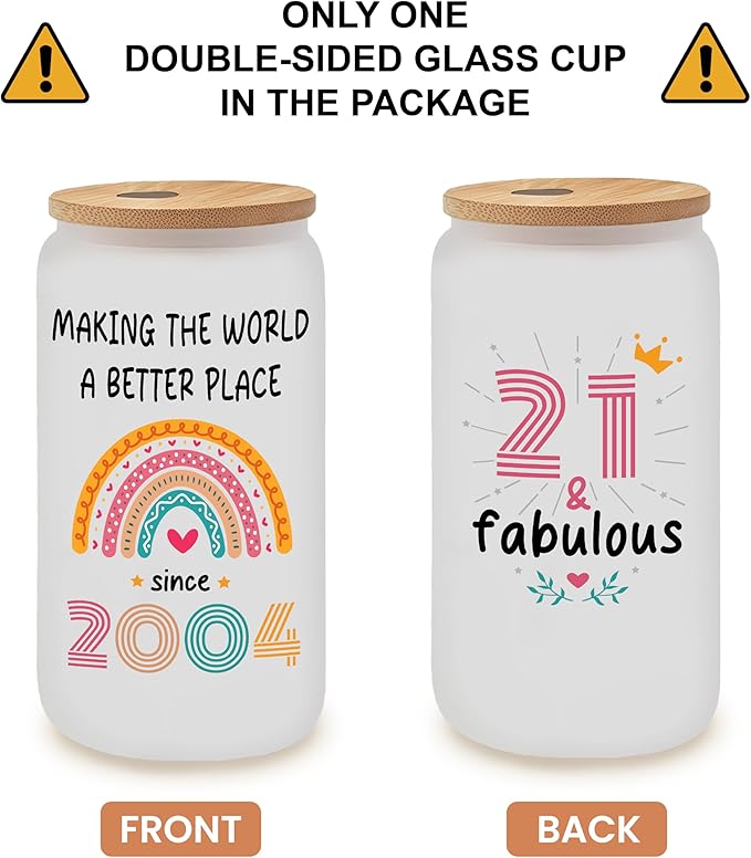 Vivulla68 21st Birthday Gifts For Her, Him - Gifts For 21 Year Old Female, Male - 2004 Birthday Gift For Women Men - 21st Presents For Her - 21 Gift Ideas - Frosted Glass