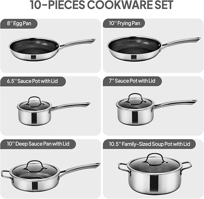 VINGLI 10 Pcs Non-Stick Cookware Set, Stainless Steel Pots and Pans Set with Lids, Non-Toxic Saute Sauce Pot, Soup Pot, Frying Pan, PFOA & PTFE Free, Compatible for All Cooktops