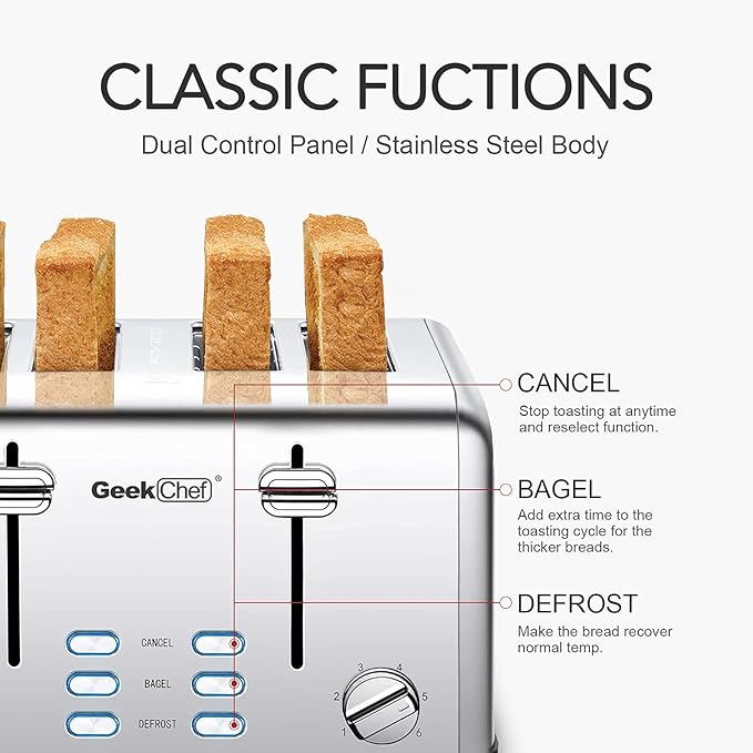 Geek Chef Stainless Steel Toaster 4 Slice, with Extra Wide Slots for Bagels, Removable Tray, Cancel/Defrost/Reheat Functions