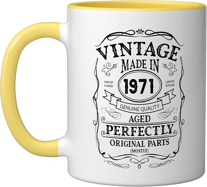 54th birthday, retro Vintage Design, man, woman 1971 Ceramic Mug, Yellow/White