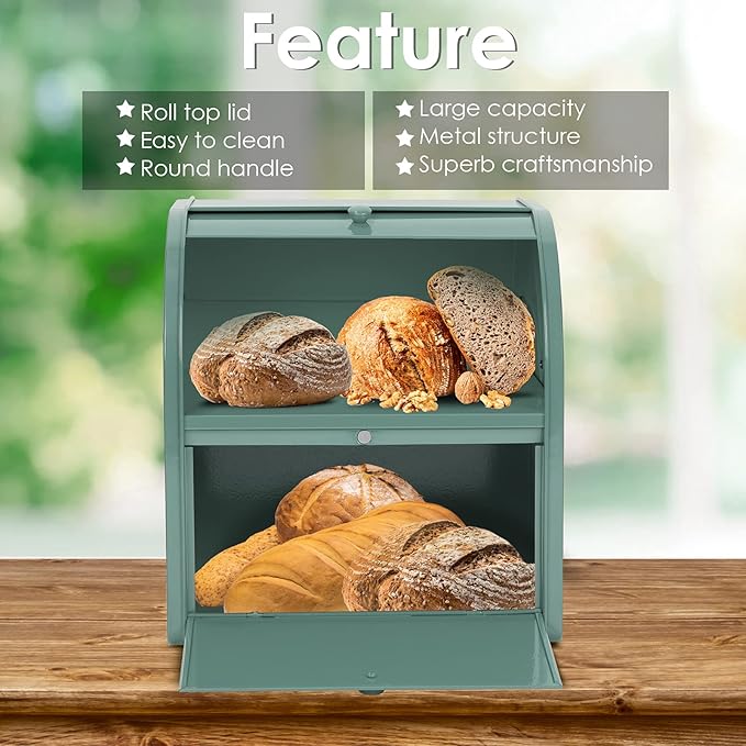 Bread Box, Metal Bread Box For Kitchen Countertop, Bread Storage Container Holds 2 Loaves Of Bread, High Capacity Breadbox, Bread Holder Suit Farmhouse Kitchen Decor For Counter