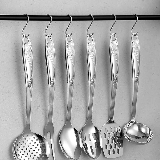 Berglander Stainless Steel Kitchen Utensils Set 6 Pcs, Cooking Utensil Sets, Kitchen Gadgets Essentials Include Metal Spatula Set, Skimmer, Ladle, Serving Spoon, Slotted Spoon, Carving Fork
