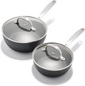 OXO Good Grips Pro 1QT and 2QT Saucepan Pot Set with Lids, 3-Layered German Engineered Nonstick Coating, Stainless Steel Handles, Black