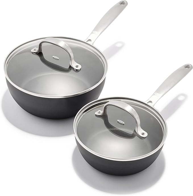 OXO Good Grips Pro 1QT and 2QT Saucepan Pot Set with Lids, 3-Layered German Engineered Nonstick Coating, Stainless Steel Handles, Black