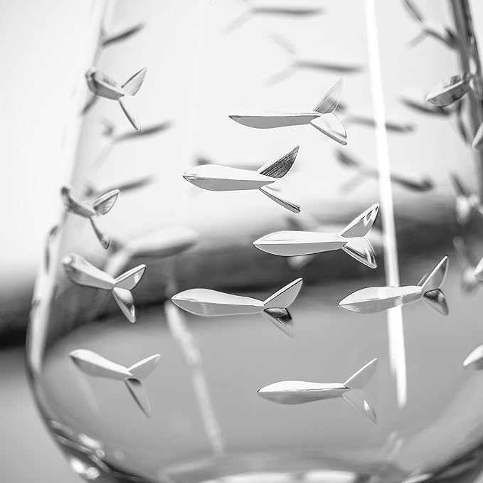 Rolf Glass | School of Fish Stemless Tumbler | Stemless Wine Glasses 18oz | Lead-Free Glass | Engraved and polished in Pennsylvania | US made (Set of 4)