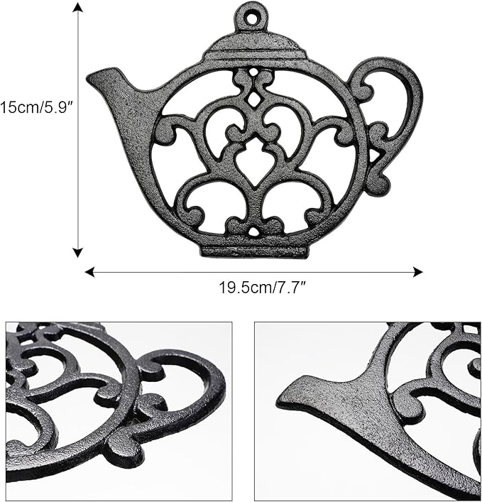 Sungmor Heavy Duty Cast Iron Trivet,Decorative Rustproof Black Trivet for Kitchen or Dinning Table,7.9" x 6" with Vintage Lovely Teapot Pattern
