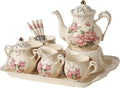 Ceramic Tea Set, 4 Cups and Spoons, One Sugar Bowl, One Milk Kettle, One Storage and Removeable Tray, for Home Party or Wedding Service, Pink Rose