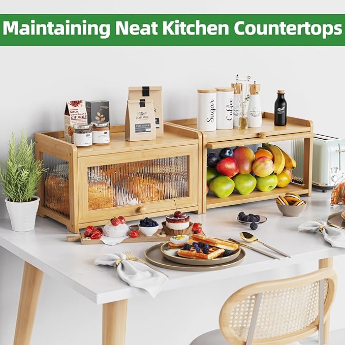 BAMBANG Extra Large Bamboo Bread Box for Kitchen Counter, Bread Storage Container Farmhouse Bread Box with 4 Sides Transparency, Wooden Breadbox Bread Bin Holder for Homemade Bread, Natural