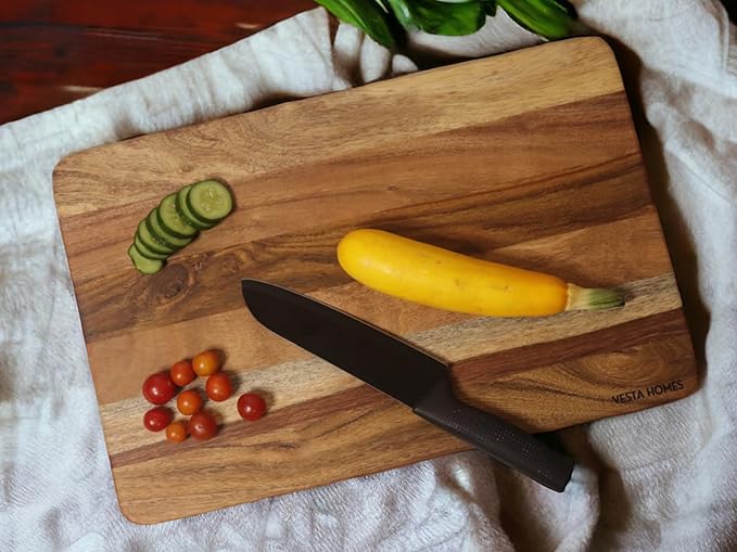 Vesta Homes Extra Large Wooden Cutting Board | 18 * 12 Inches | Chopping, Serving Board/Block for Vegetables, Fruits, Cheese and Charcuterie | Natural Acacia Wood | 1" Thick | Handcrafted in India