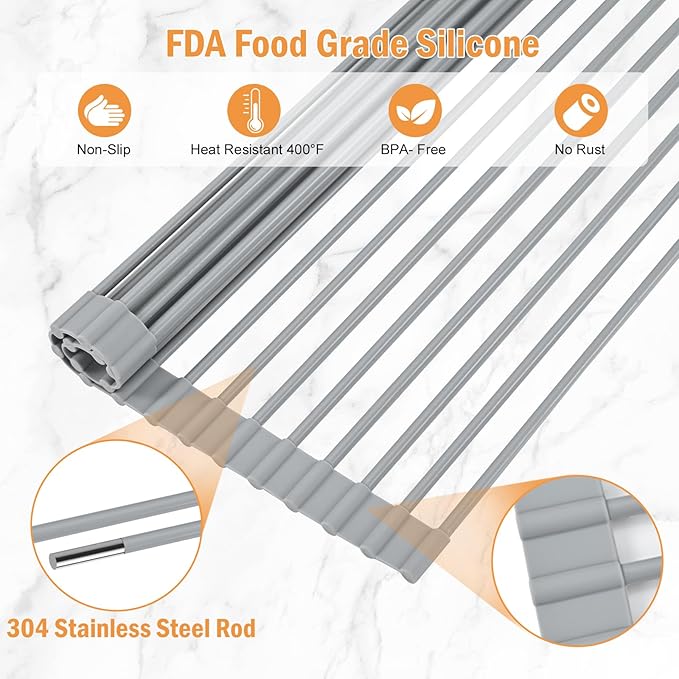 LEMIKKLE Roll Up Dish Drying Rack 17" x 13", Over The Sink Dish Drainer Rack, Foldable Sink Drying Rack, Anti-Slip Silicone Wrapped Dish Drainer for Kitchen Counter (Grey 17" x 13")