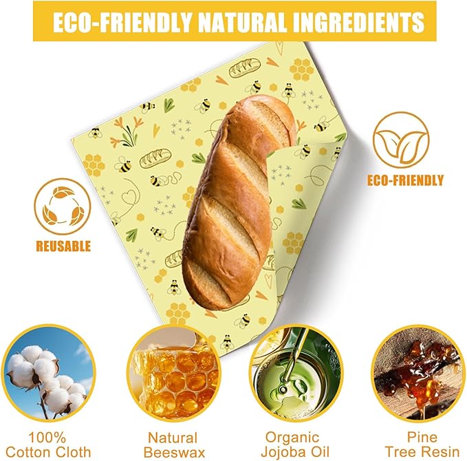 Reusable Beeswax Wrap, 3 Pack (S, M, L) Eco-Friendly Beeswax Wraps for Food, Bread Sandwich Wrapper, Sustainable,Zero Waste,Organic, Moisture Lock& Freshness Preservation