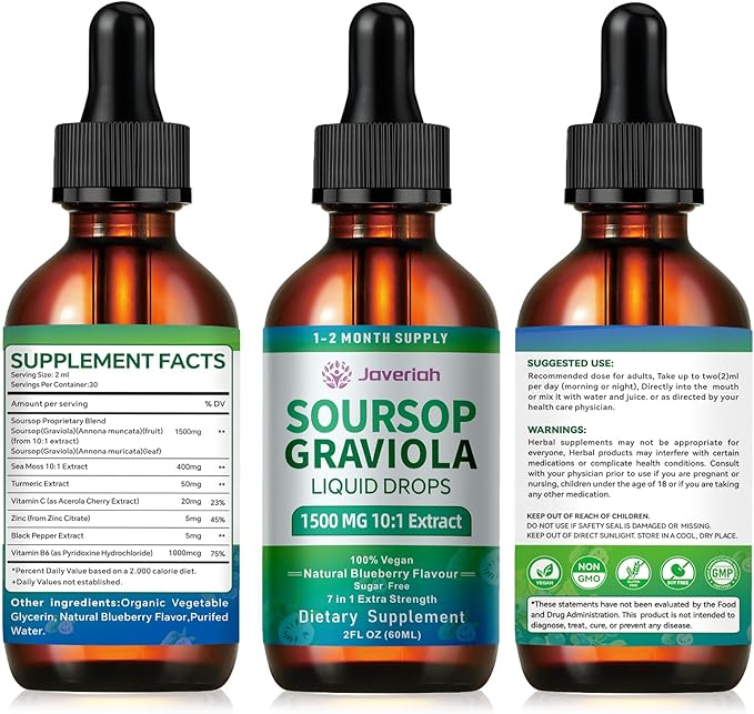 Soursop Bitters Liquid Drops Supplement with Irish Sea Moss & Turmeric for Cellular Support, Immune System Boost, Liver Health, Soursop Graviola Liquid Leaves Extract 2 Month Supply 60ML