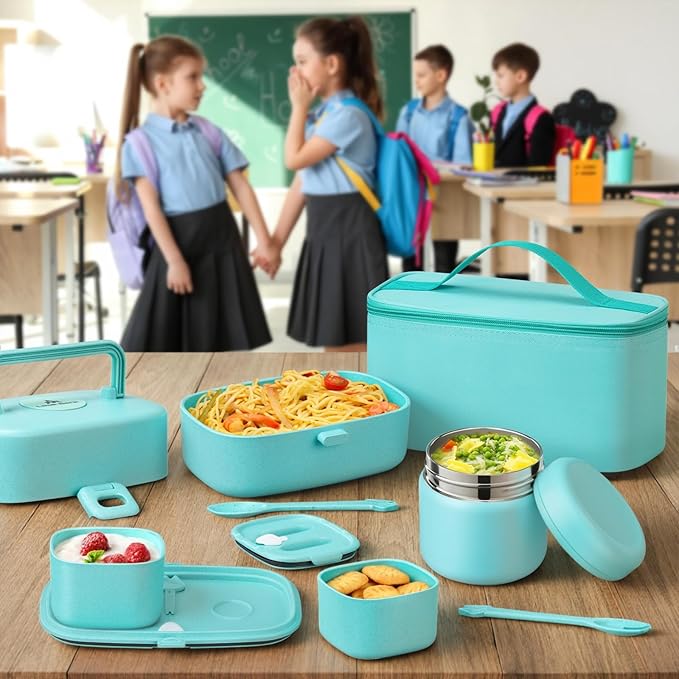 Bento Lunch Box for Kids with 8oz Soup Thermo,2 Leak-Proof Food Containers, a Lunch Bag, Kids Thermo Insulated Hot Food Jar for School, Travel-Green