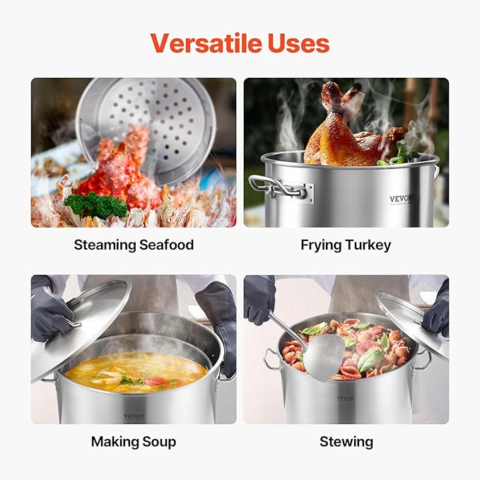 VEVOR Stainless Steel Stockpot, 100 Quart Large Cooking Pots, Cookware Sauce Pot with Basket, Lid, and Handle, Heavy Duty Commercial Grade Stock Pot, Sanding Treatment, for Large Groups Events Silver