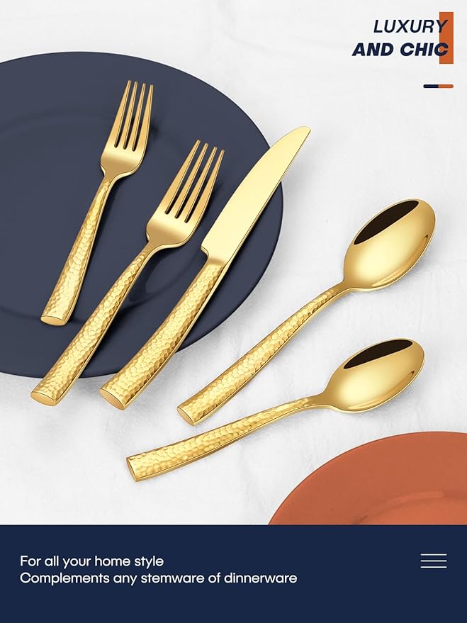 Stapava 48 Pc Gold Hammered Silverware Set with Steak Knives, Stainless Steel Gold Utensils Cutlery for 8, Mirror Flatware Include Forks, Spoons and Knives for Home, Hotel; Dishwasher Safe